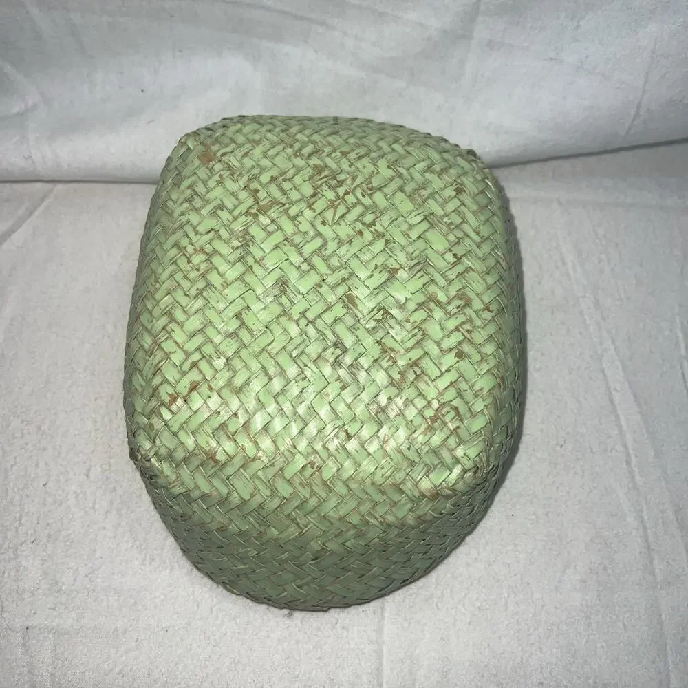 Sea Grass Woven Basket Natural And Teal Handles Medium Vintage Plant‎ Basket
